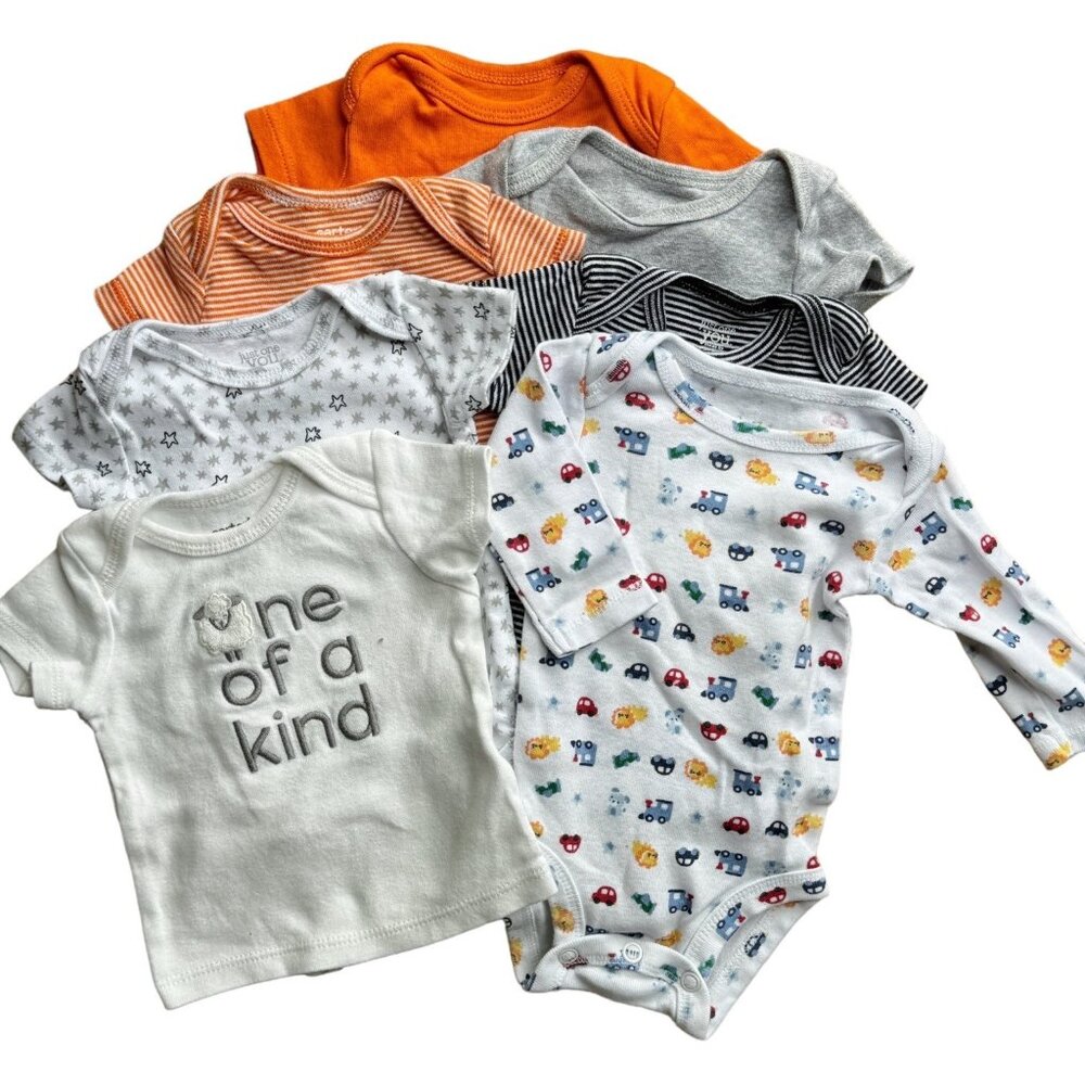 Baby Bundle of 7 Bodysuits Tops Newborn Carters Short & Long Sleeve Orange Grey